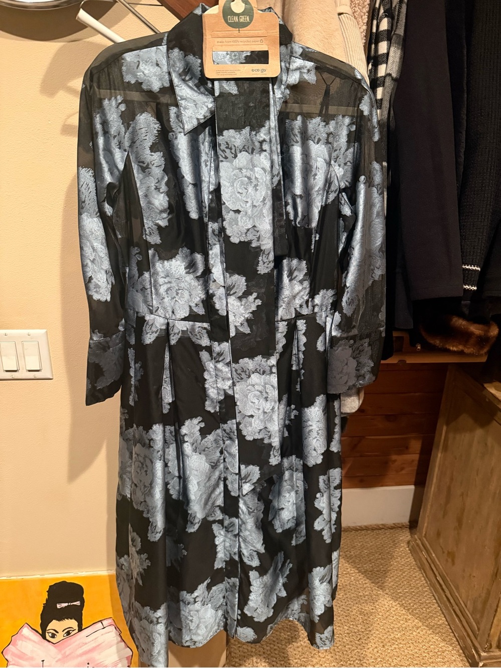 Teri Jon Black Midi Dress with Gray Floral Print